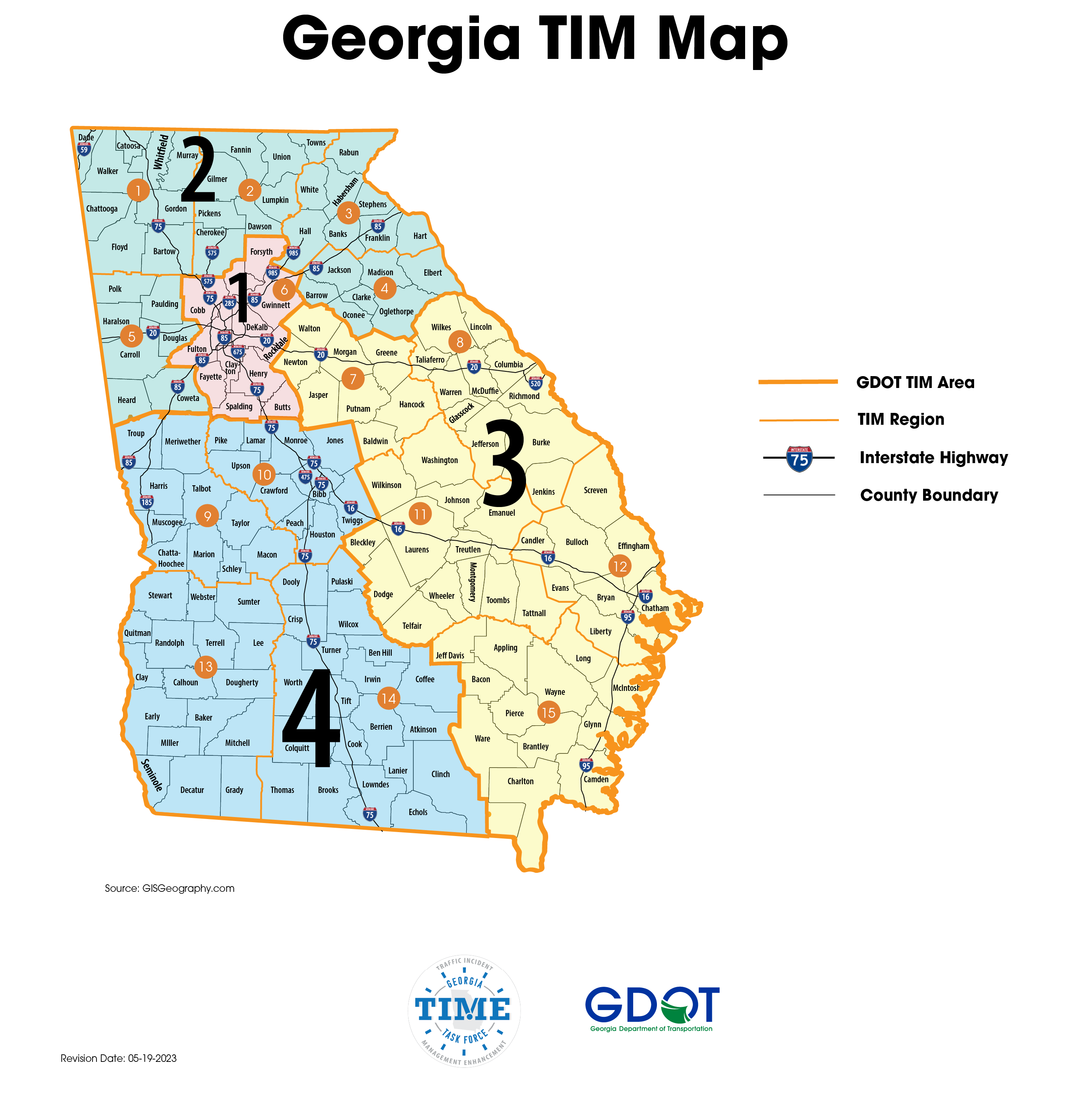 A map of Georgia with the Traffic Incident Management Program four areas and 15 regions. 