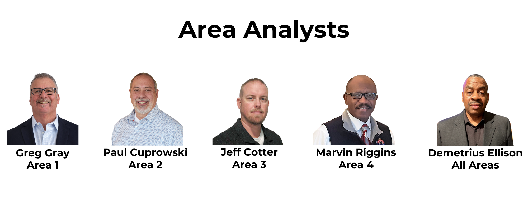Five Traffic Incident Management area analysts. One analyst per area, with the fifth area analyst assisting in all areas.